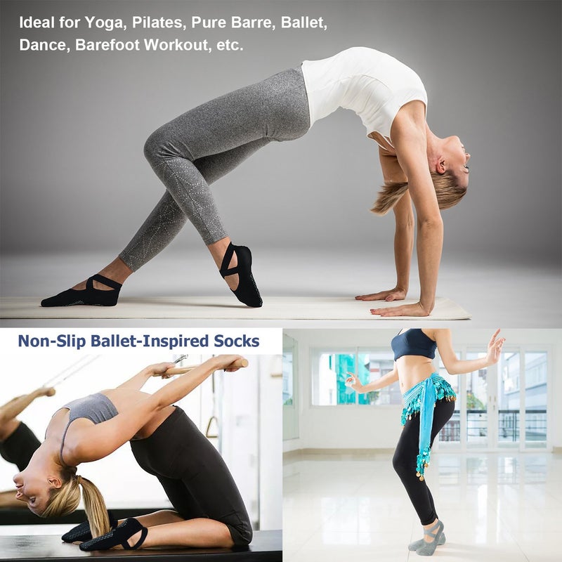 Ozaiic Pilates Socks for Women Non Slip Grip, Yoga Socks with Grippers for Barre, Hospital, Ballet, Dance, Barefoot Workout (2 Pairs- Black/Gray, one_size) - Image 3